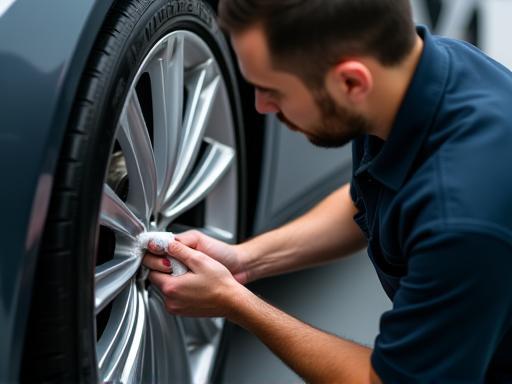 Sparkle Auto Spa team member detailing a car's wheel