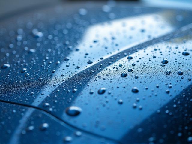 Close up of car paint with ceramic coating beading water